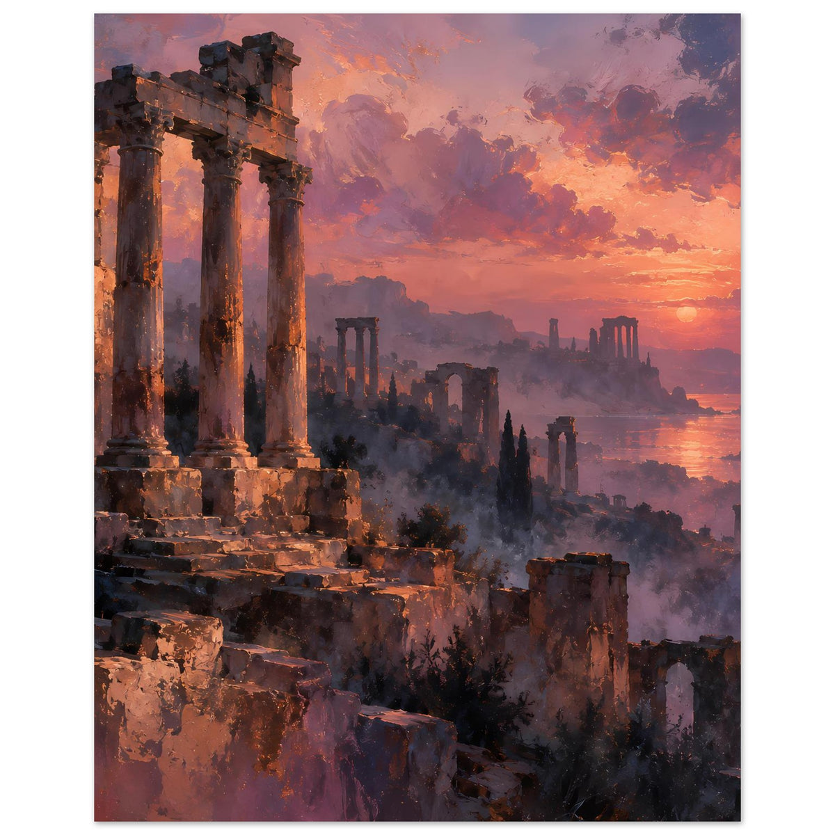Poster mit antiken Steinsäulen und Ruinen, orange-violetter Himmel am Sonnenuntergang