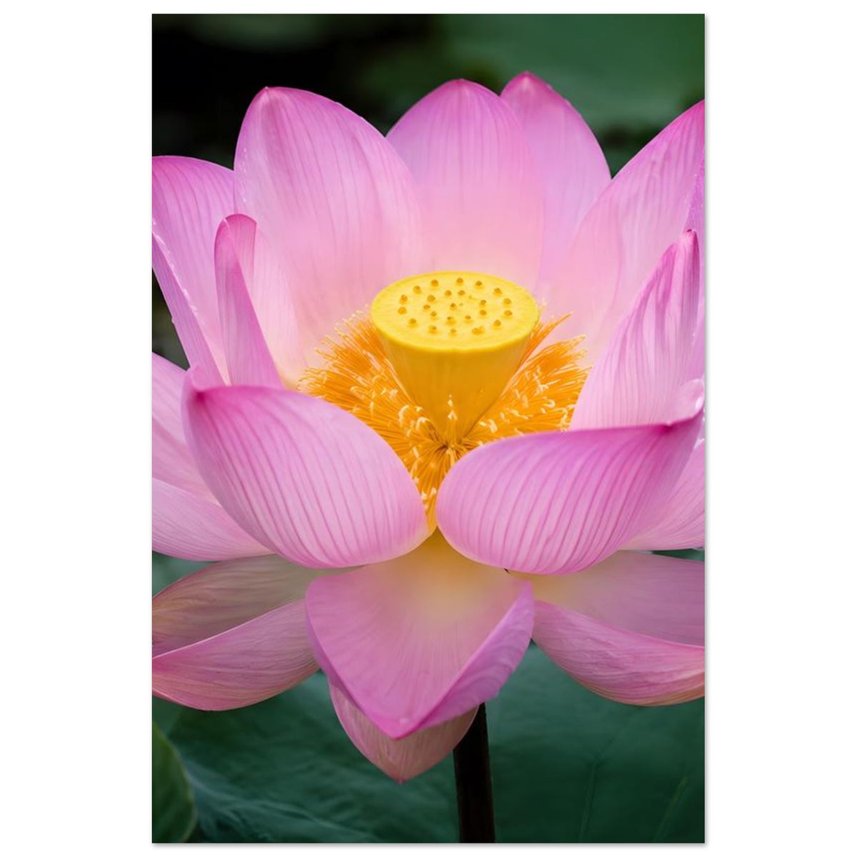 Poster mit pinker Lotusblüte und gelbem Zentrum, im Hochformat im Rahmen