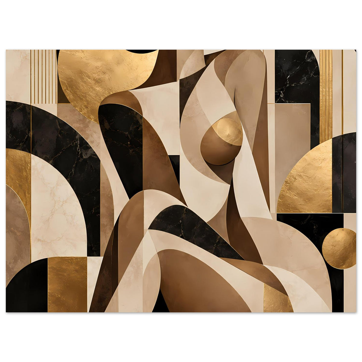 Abstraktes Wandposter mit Goldakzenten und erdigen Farbfeldern in Beige, Schwarz und Creme