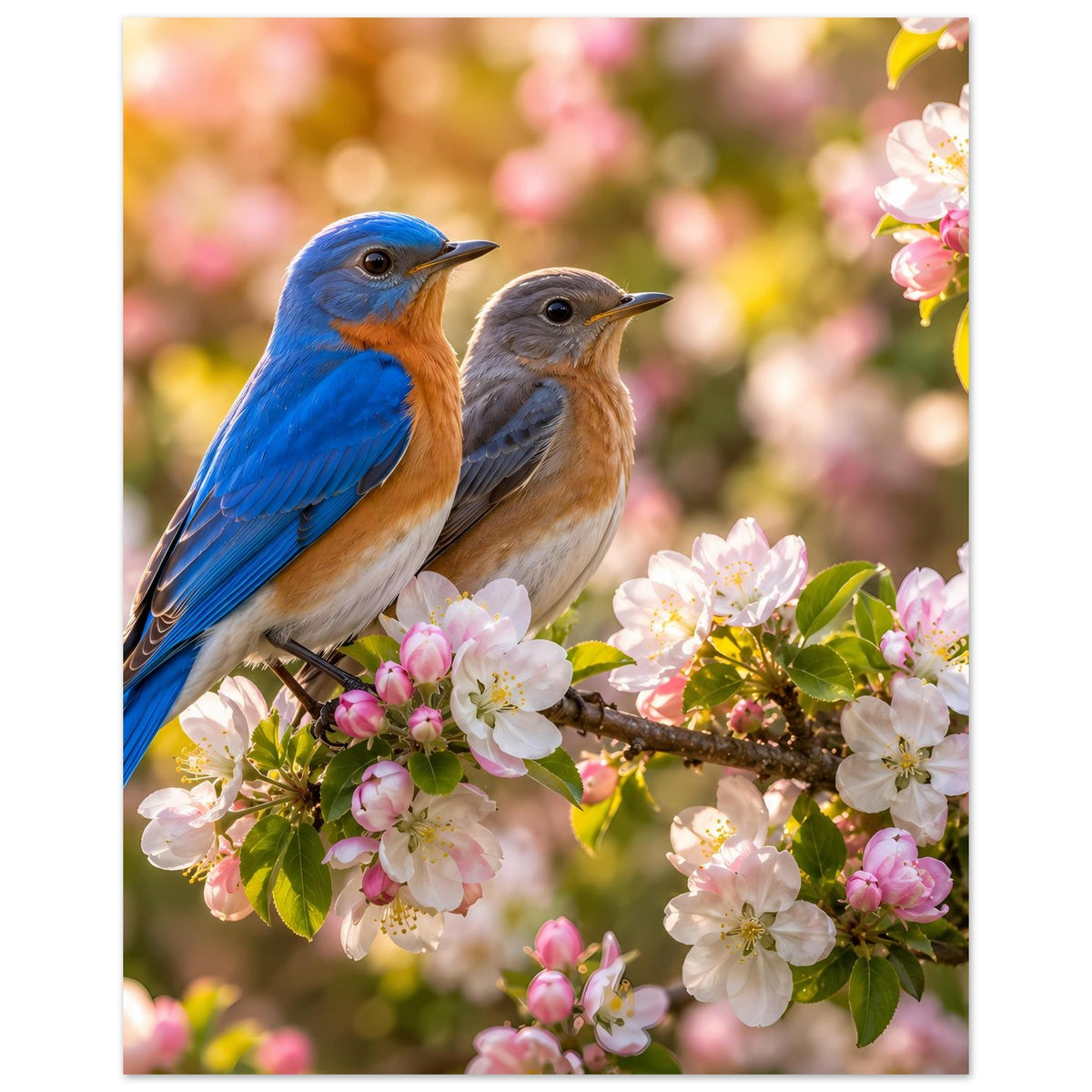 Hochkant-Vogelposter: zwei Vögel, blau und grau-braun, auf Kirschzweig mit Blüten
