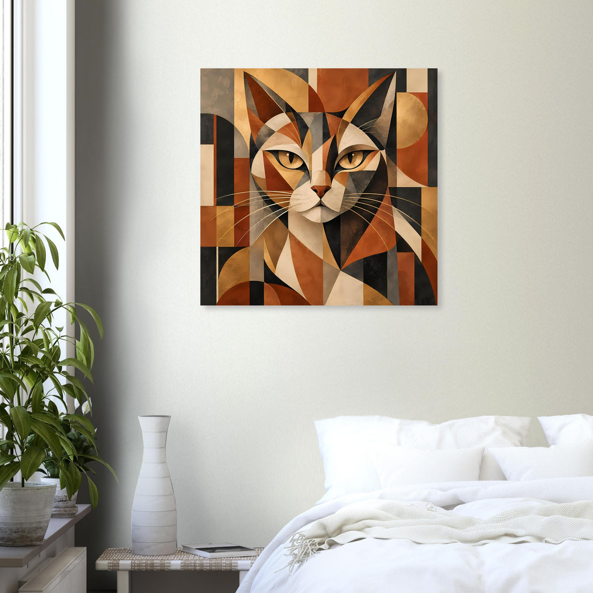 Poster mit geometrischem Katzenkopf in warmen Erdtönen, quadratisches Motiv