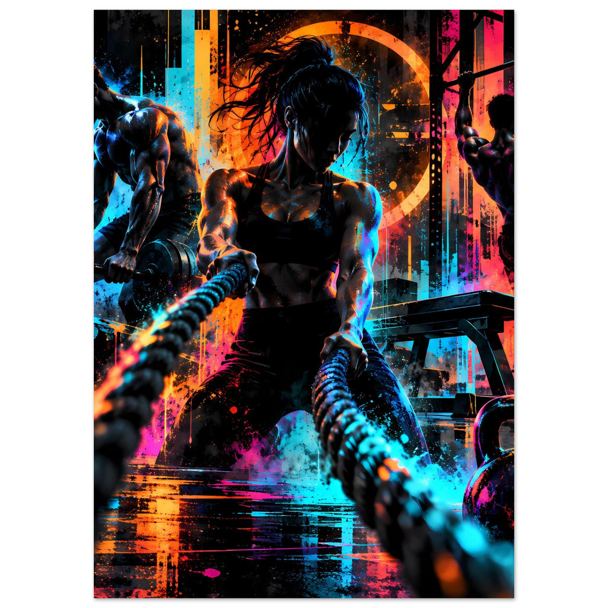 Neon-Fitnessposter mit drei Sportlern, Hantelszenen und Neonfarben, farbige Lichtspuren