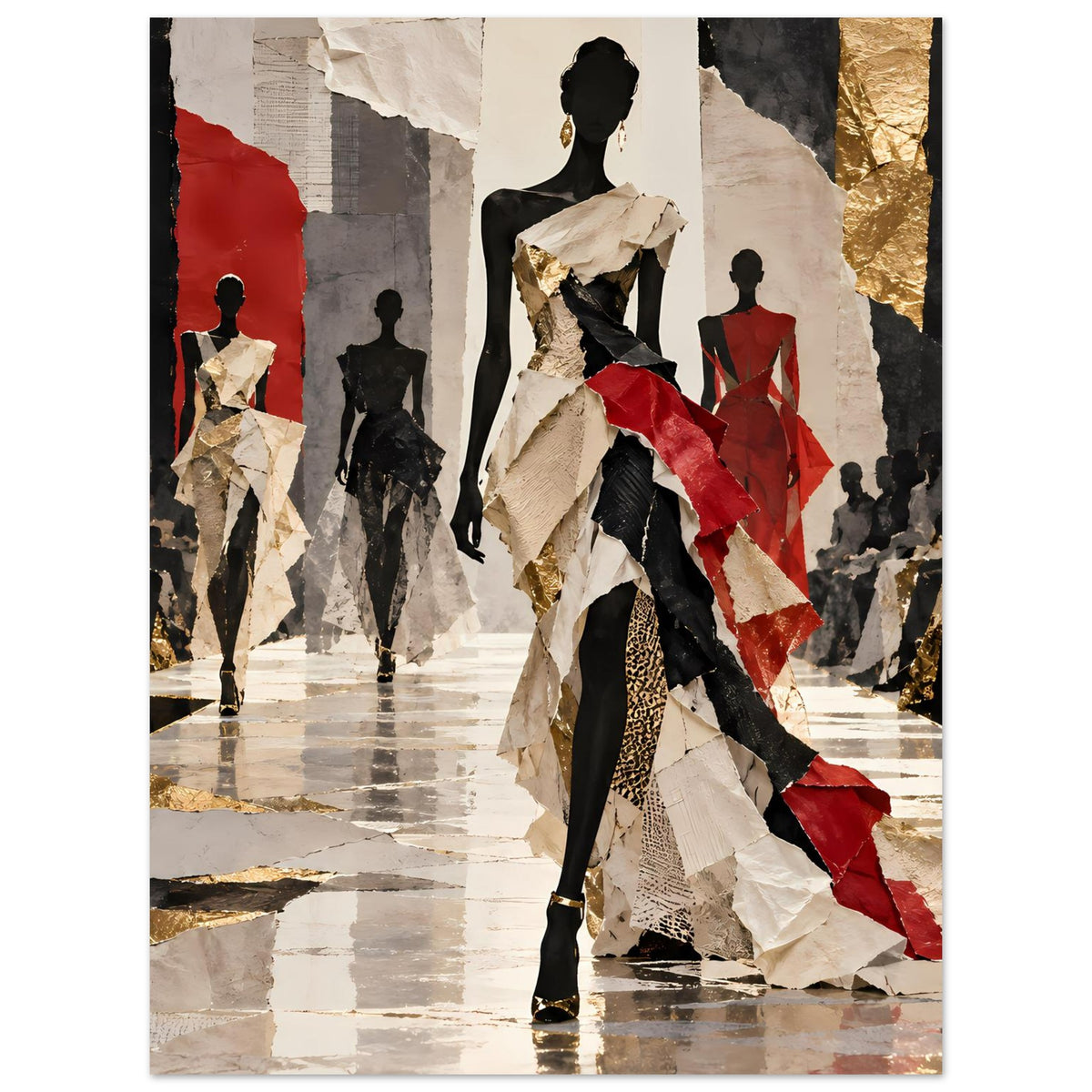 Mode-Laufstegposter mit zentraler Dame: Schwarz-Rot-Gold, goldene Akzente im Hintergrund