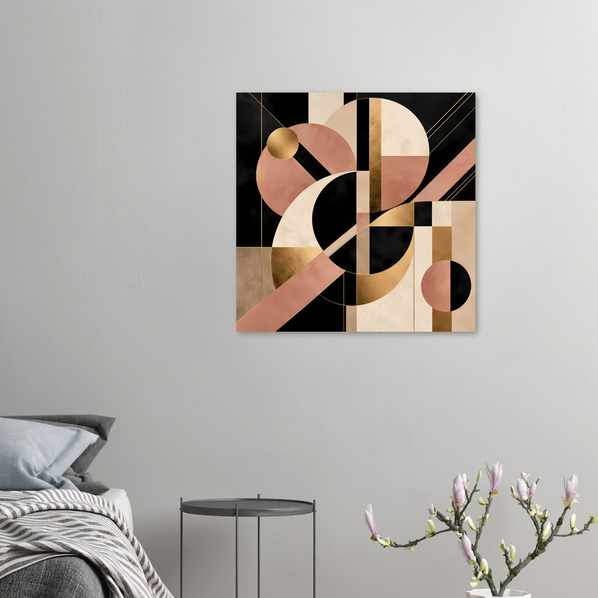 Geometrisches Art-Déco-Wandbild in Schwarz, Rosé und Gold