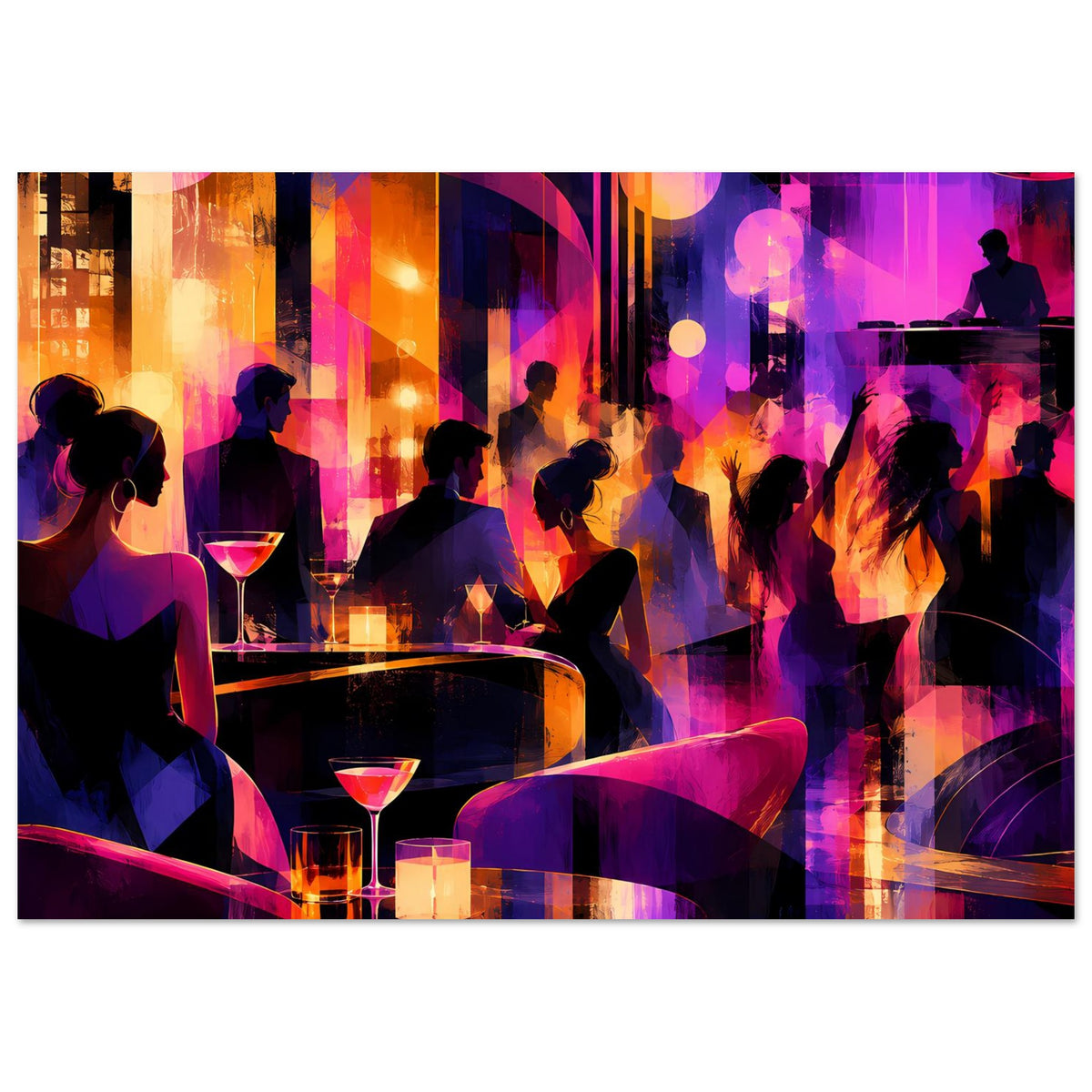 Nachtleben-Poster im Querformat: Silhouetten im Club, Bar, Drinks und leuchtende Lichtflächen