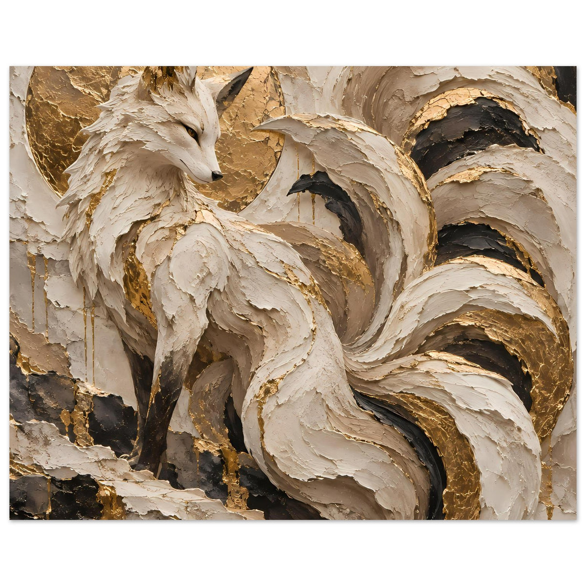 Kunstposter mit Fuchs-Motiv in Creme- und Goldtönen, abstrakte Reliefstruktur, dunkel akzentuiert