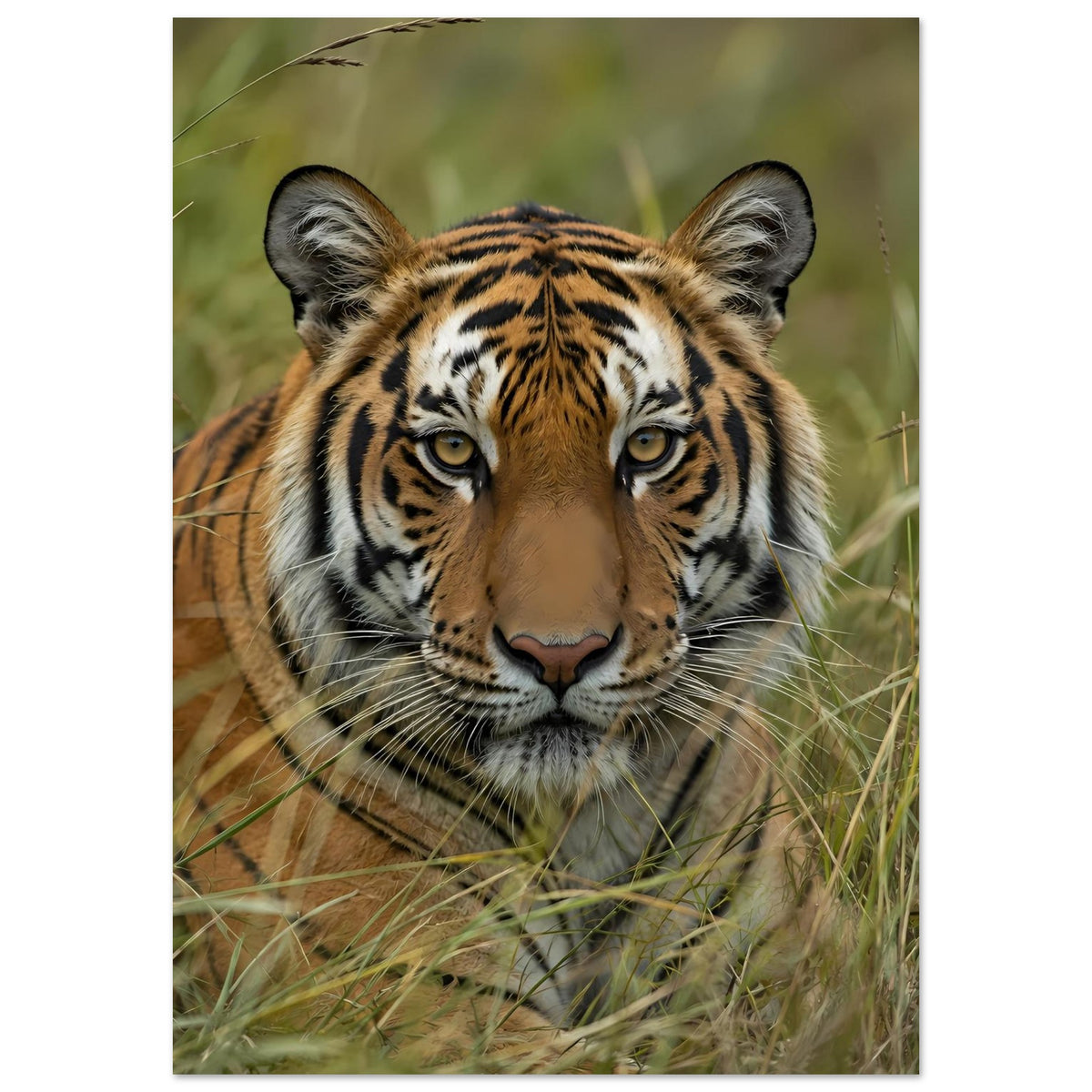 Wildtier-Poster, vertikal: Tiger im Gras mit Blick nach vorn, zentrierter Kopf