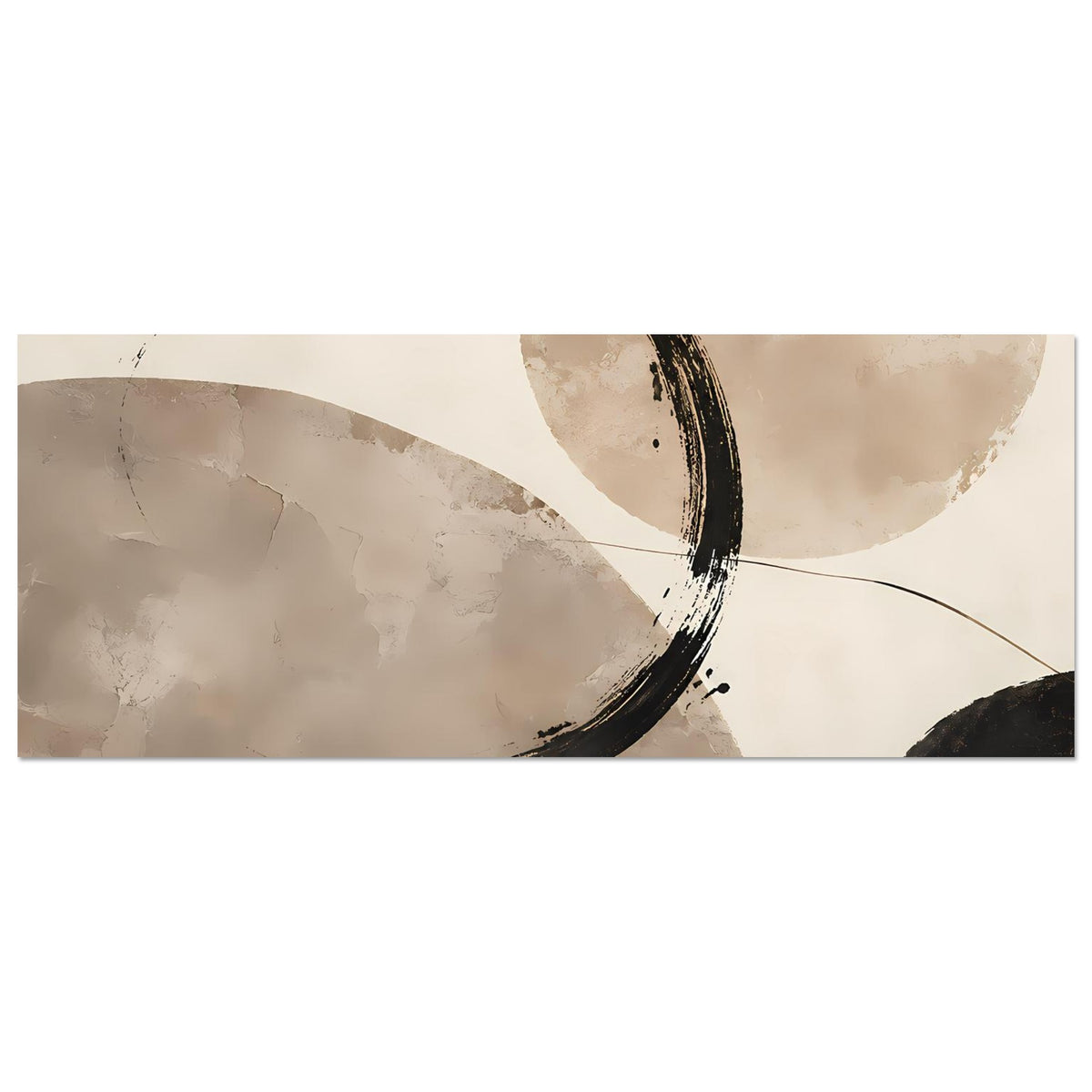 Horizontales Abstraktposter: schwarze Kreisform, beiger Hintergrund mit braunen Schattierungen und Linien
