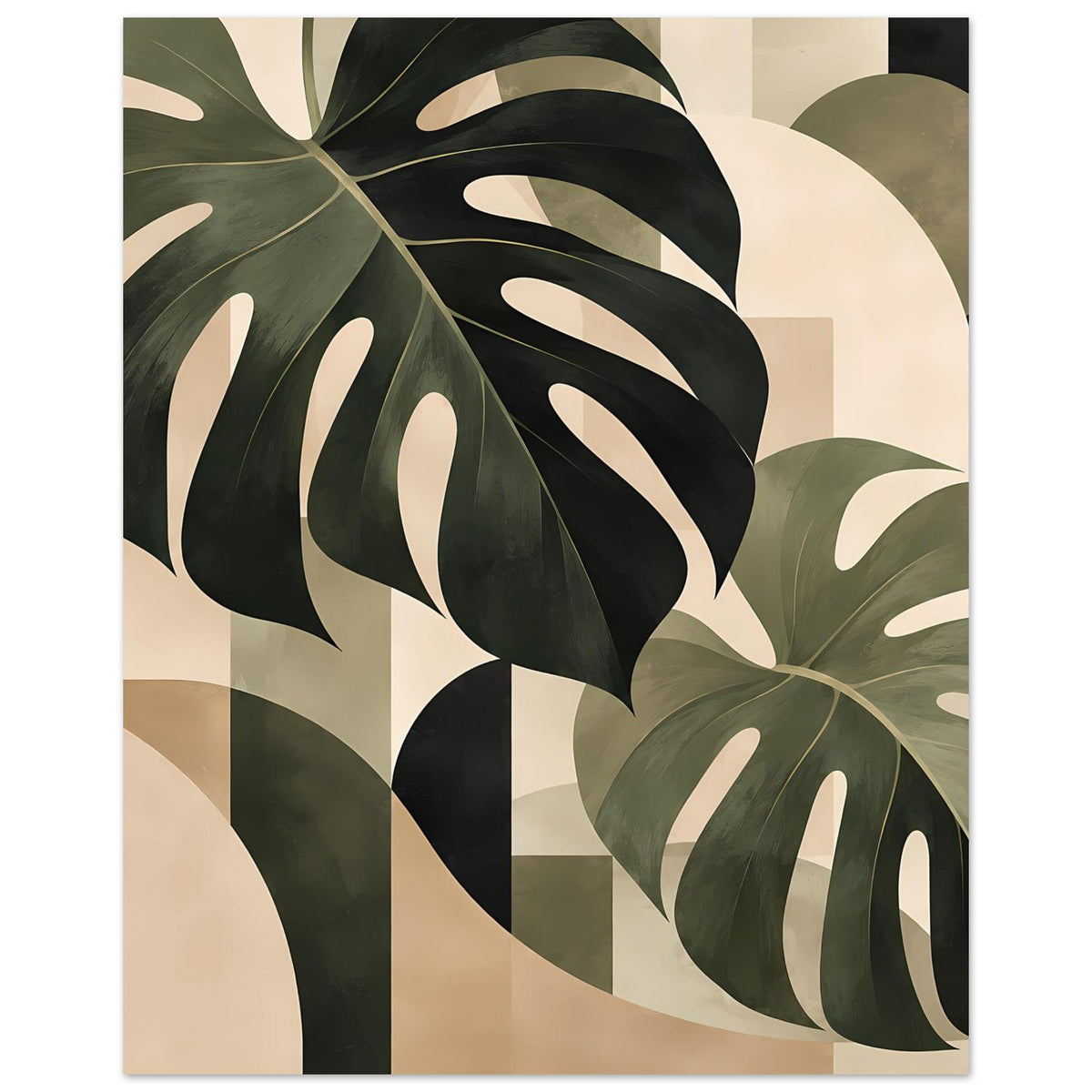Botanikposter mit großen Monstera-Blättern in dunklem Grün, Salbeigrün und Beige