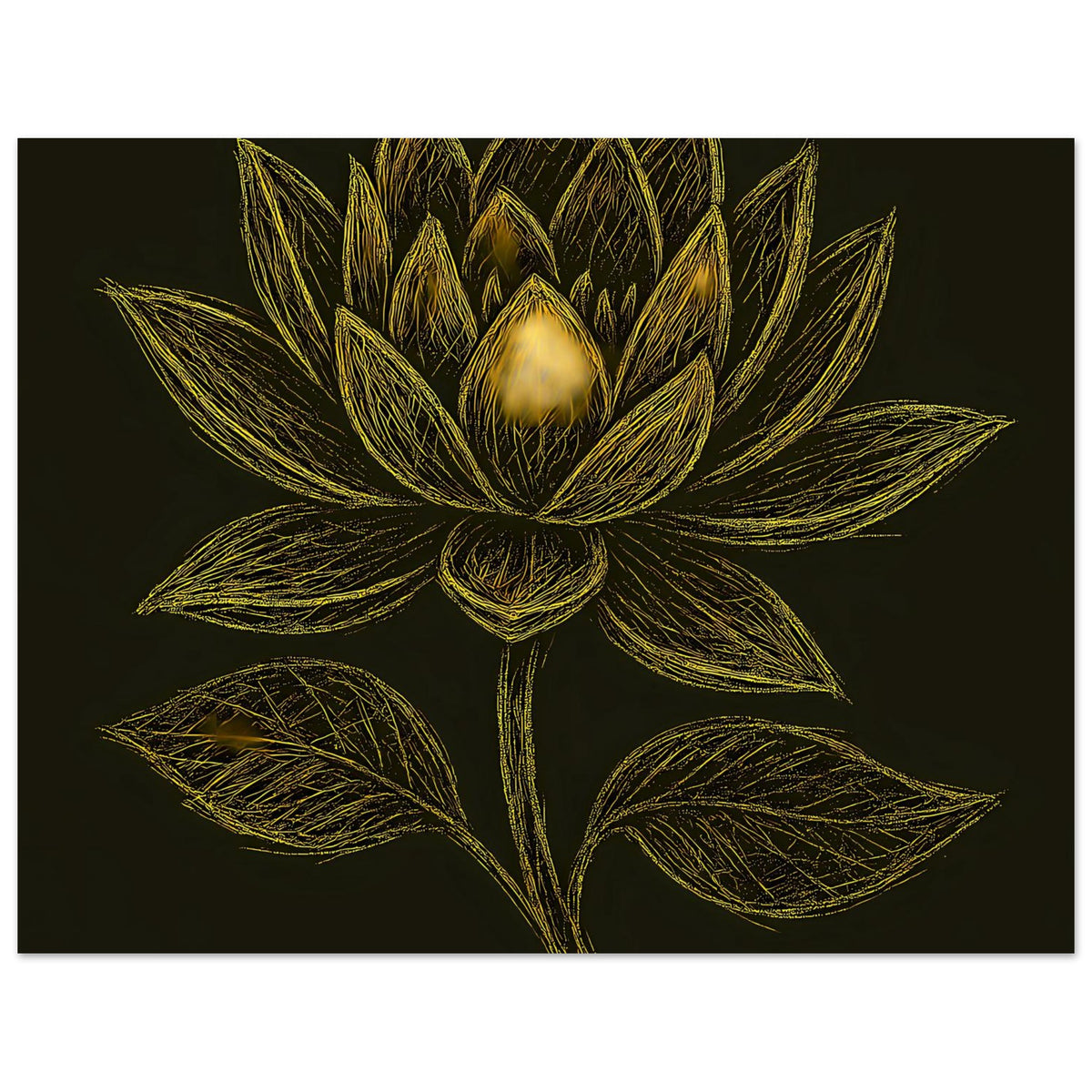 Poster mit goldener Lotusblüte und Blättern auf tiefschwarzem Grund
