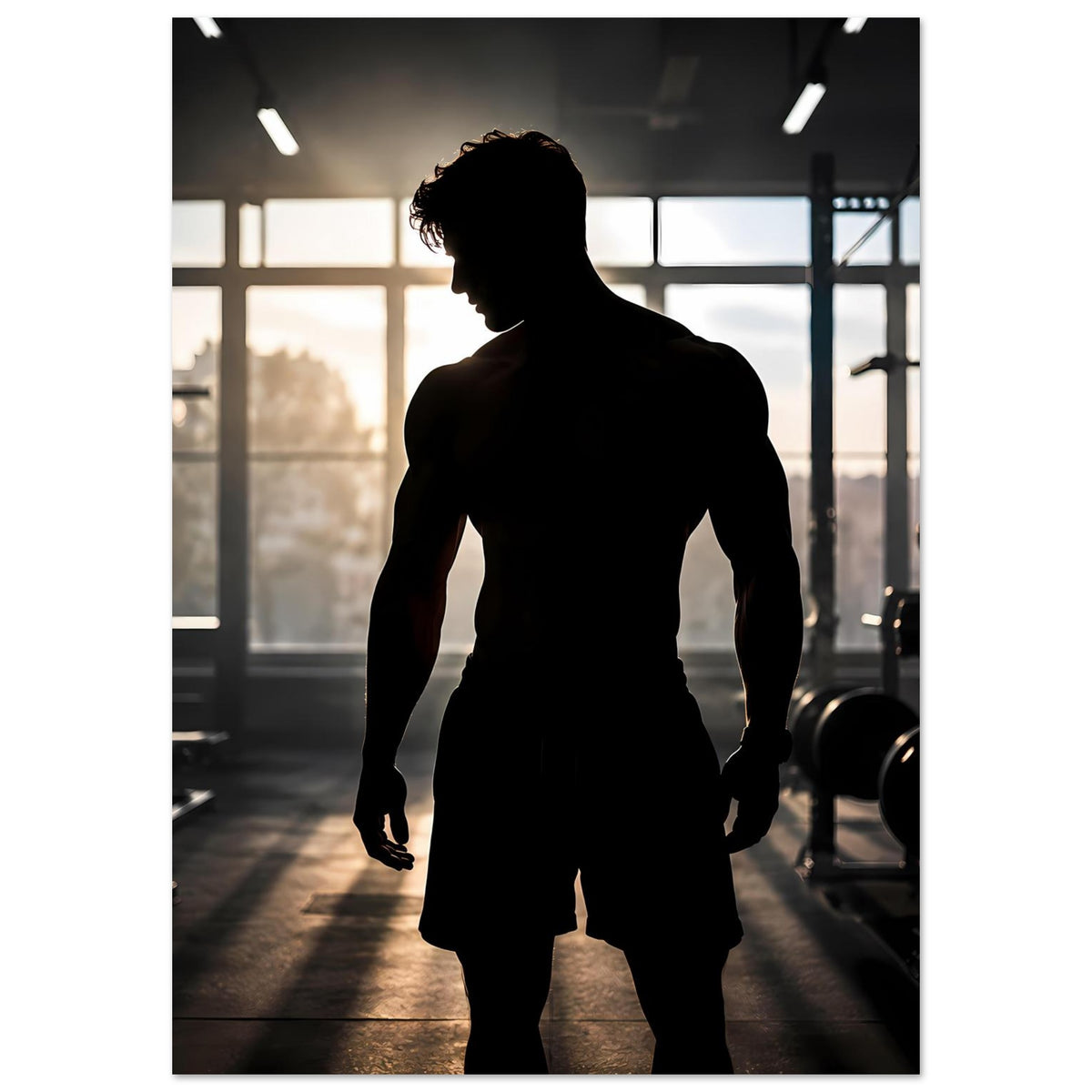 Vertikales Fitness-Poster: Silhouette eines muskulösen Mannes, Arme am Körper