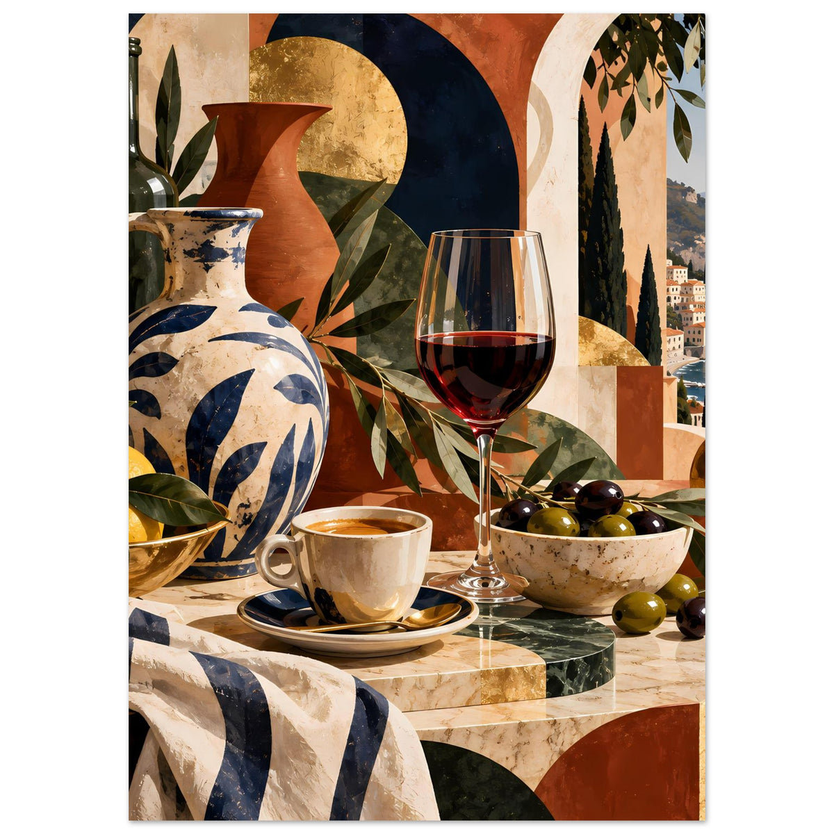 Poster mit mediterranem Stillleben: große Vase, Weinglas, Kaffeetasse und Olivenschale