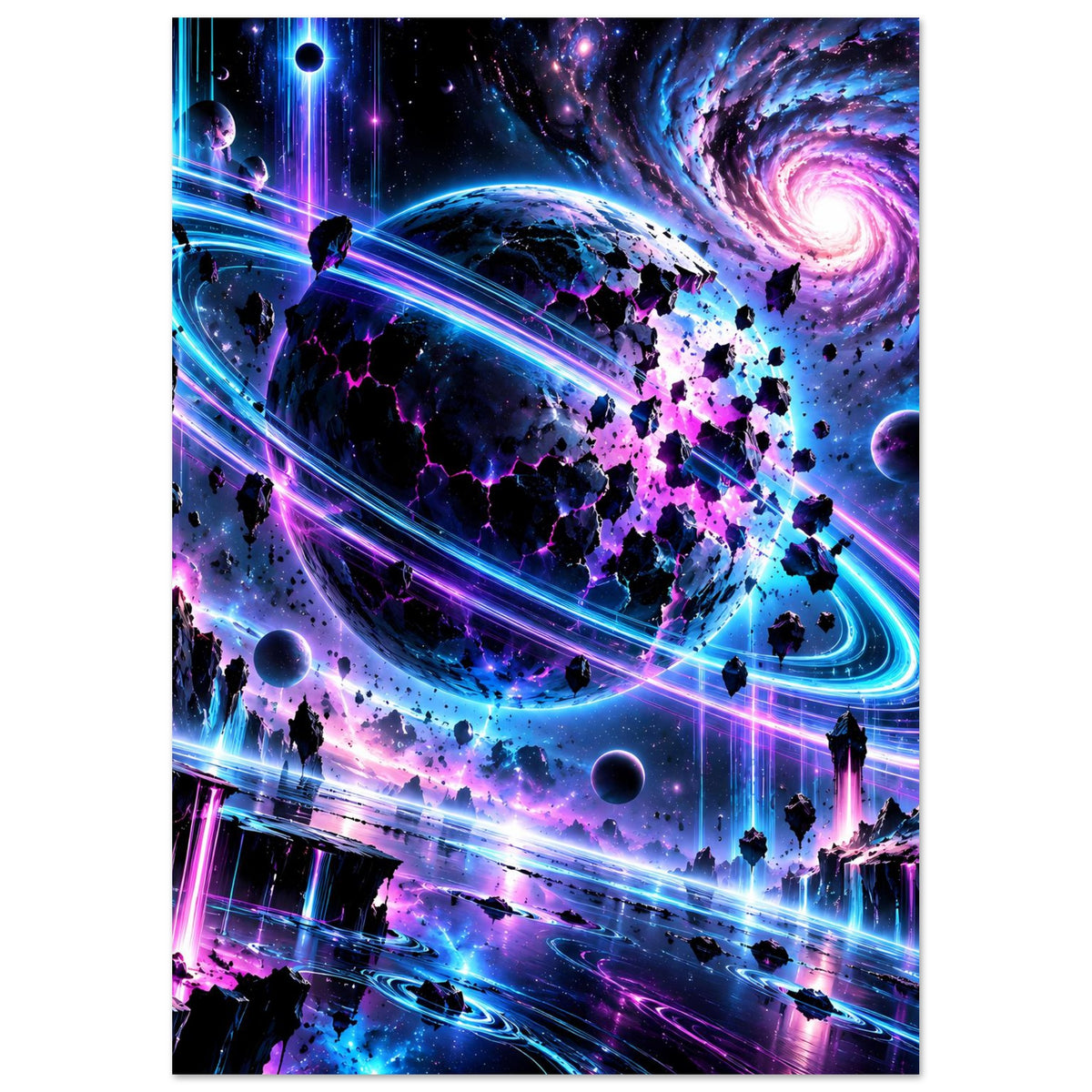 Neon-Galaxie-Poster im Hochformat mit Weltraumkugeln, Spiralnebel und leuchtenden Bahnen