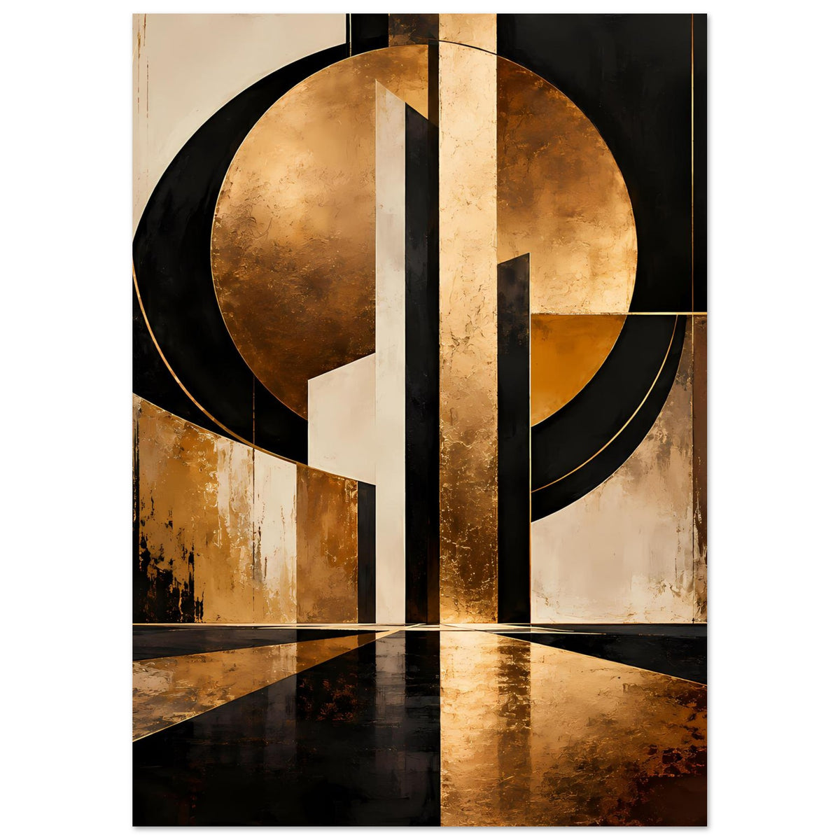 Abstraktes Gold-und-Schwarz-Poster mit rundem Motiv, schwarzen Konturen und vertikalen Balken