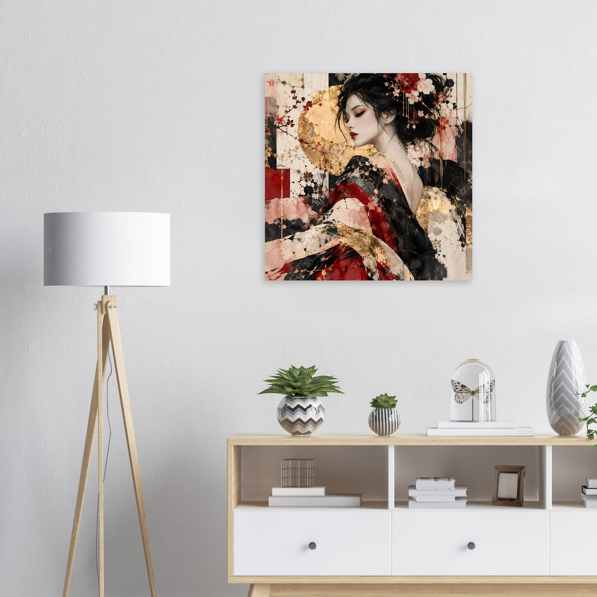 Asiatisches Kunstposter mit Frau in Rot, Rosé und Gold