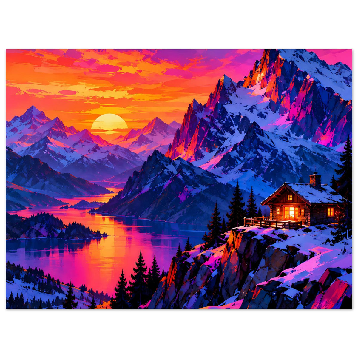 Querformat-Poster mit Berglandschaft und See, gelbe Sonne und beleuchtete Hütte rechts