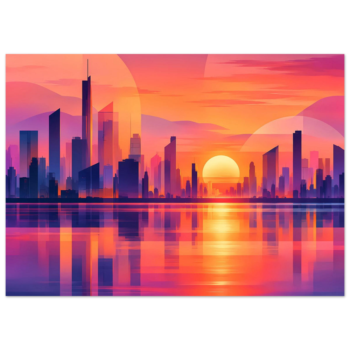 Stadtposter mit Skyline-Silhouetten, goldener Sonne und farbiger Wasserspiegelung