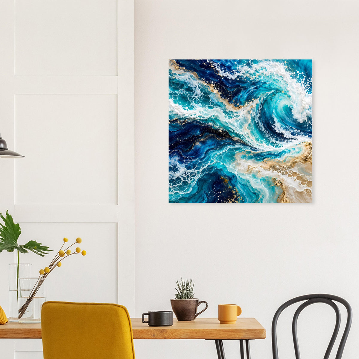 Wandposter mit abstrakter Ozeanwelle in Blau, Türkis und Gold, klein