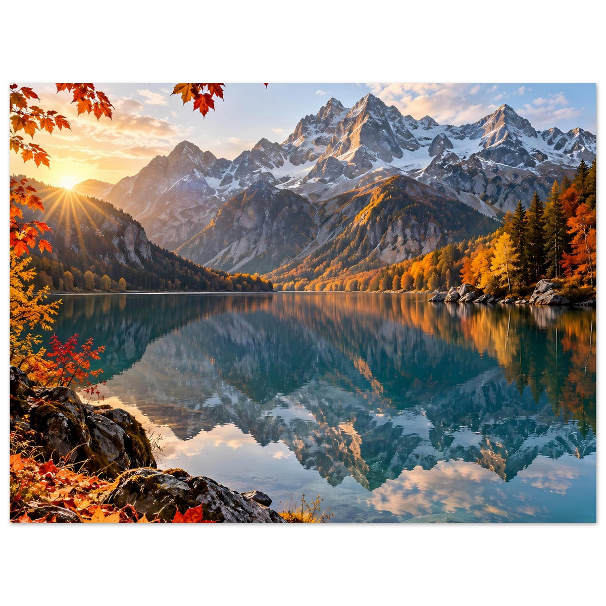 Herbstliches Landschaftsposter: Sonnenstrahlen am Bergpanorama, See mit Spiegelbild