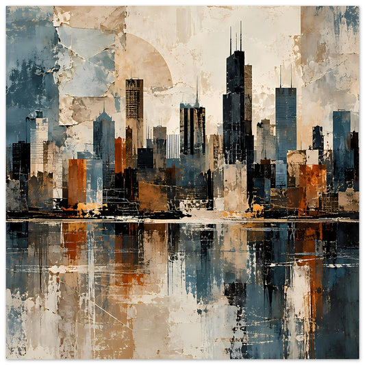 Abstraktes Skyline-Poster im Querformat: blaue und erdige Türme mit Spiegelung