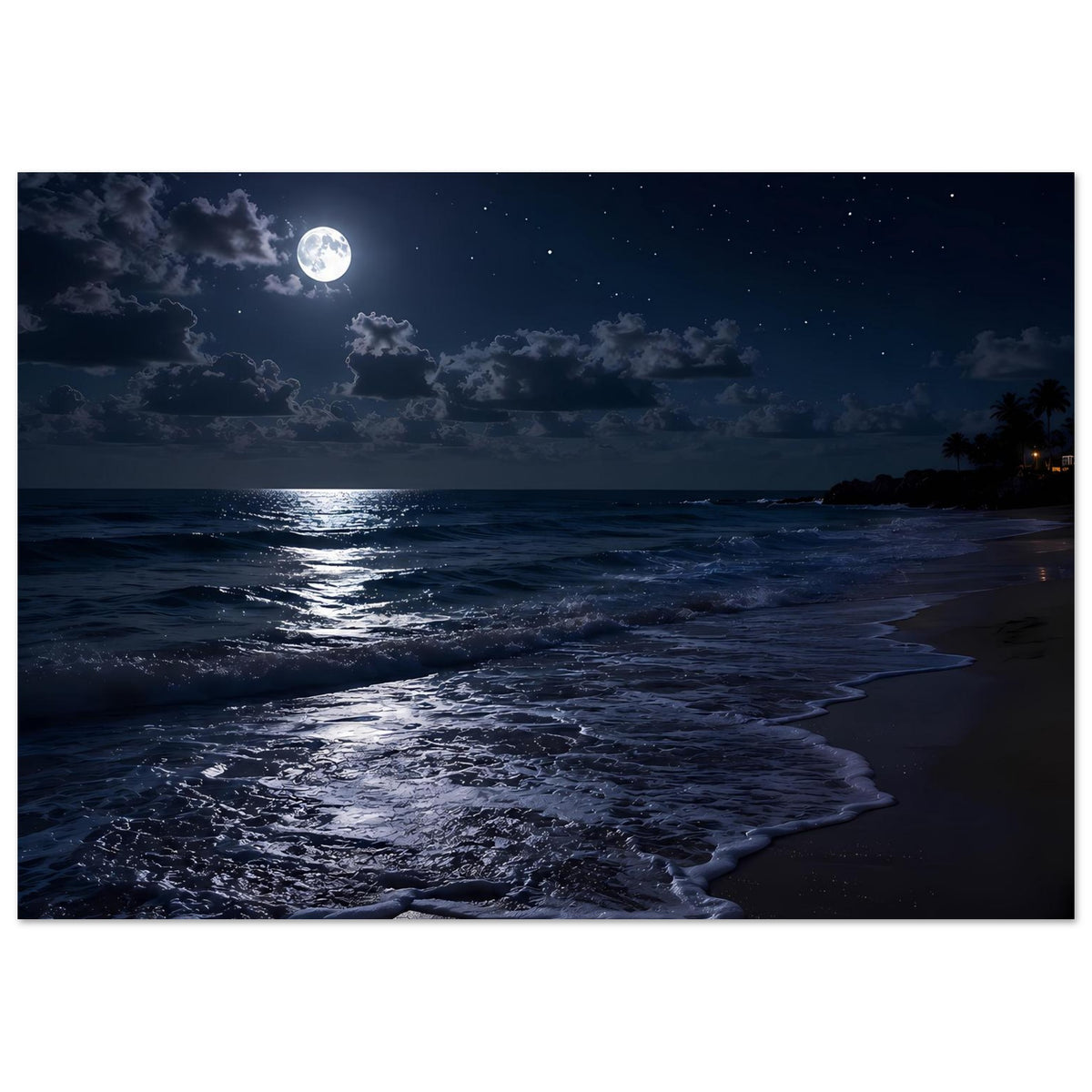 Horizontales Poster: Vollmond über dem Meer, funkelnder Reflex und Strand bei Nacht.
