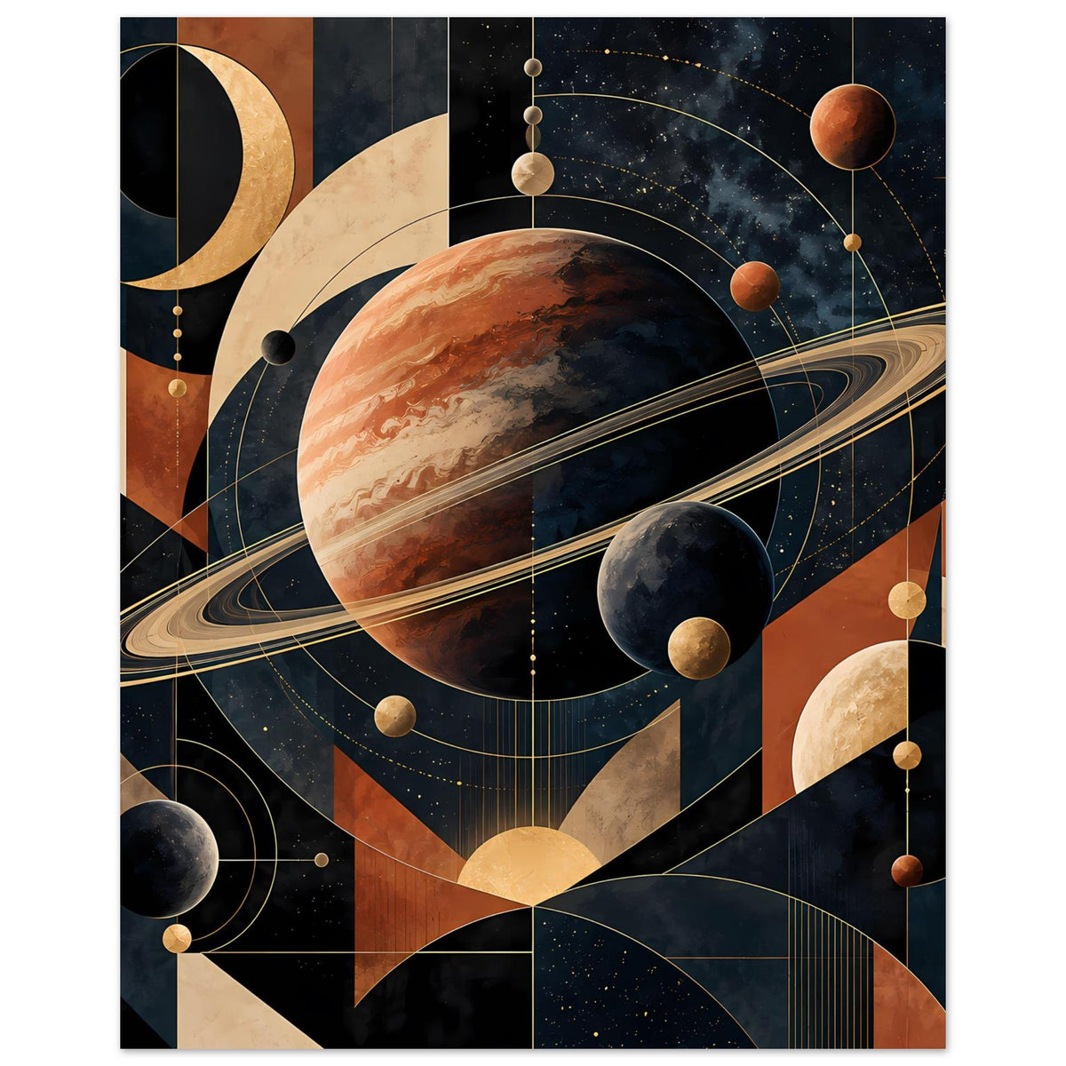 Quadratisches Weltraum-Poster mit Planetenkreisen, goldenen Ringen und abstrakten Formen
