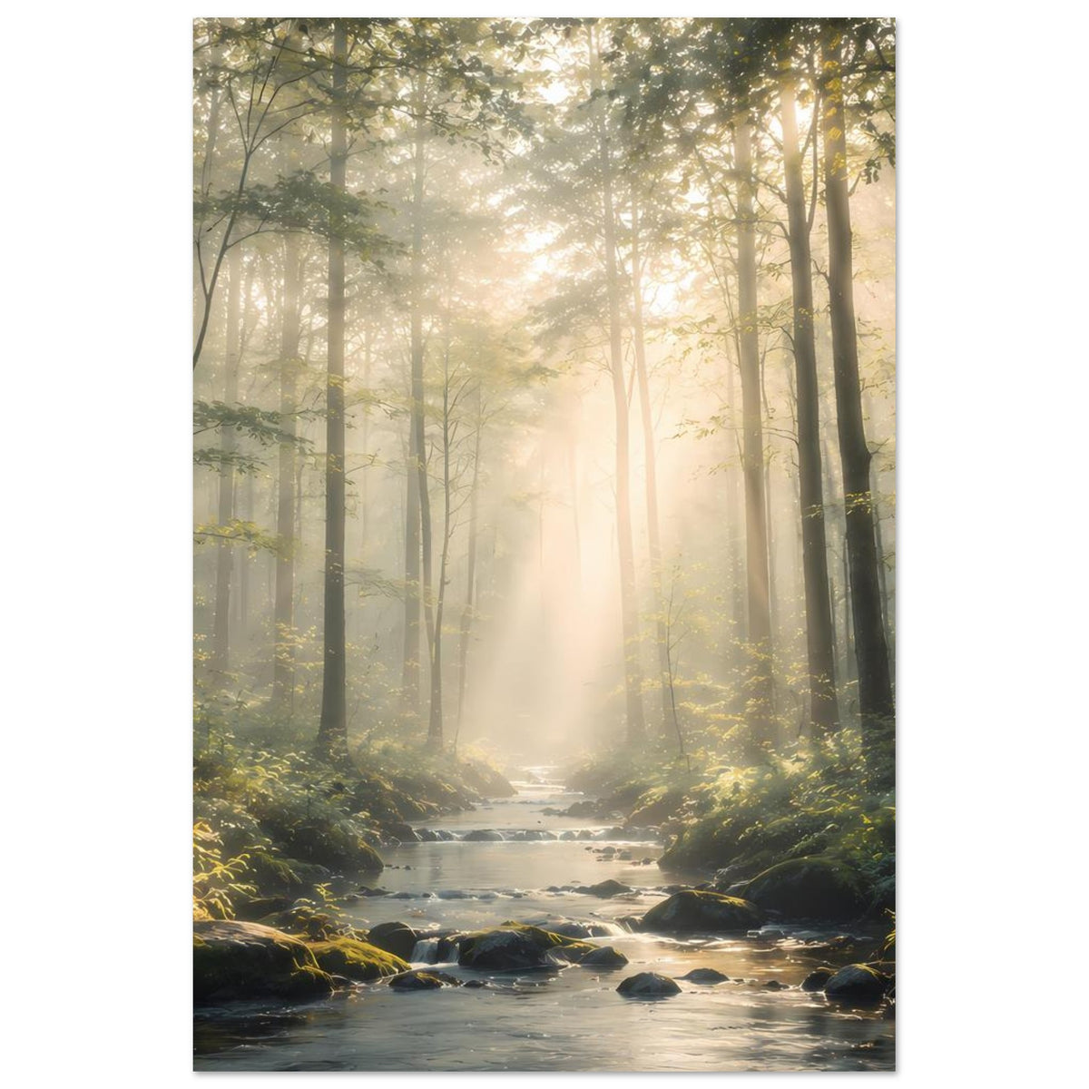 Naturposter Hochformat: Waldlichtung mit Bach und Sonnenstrahlen