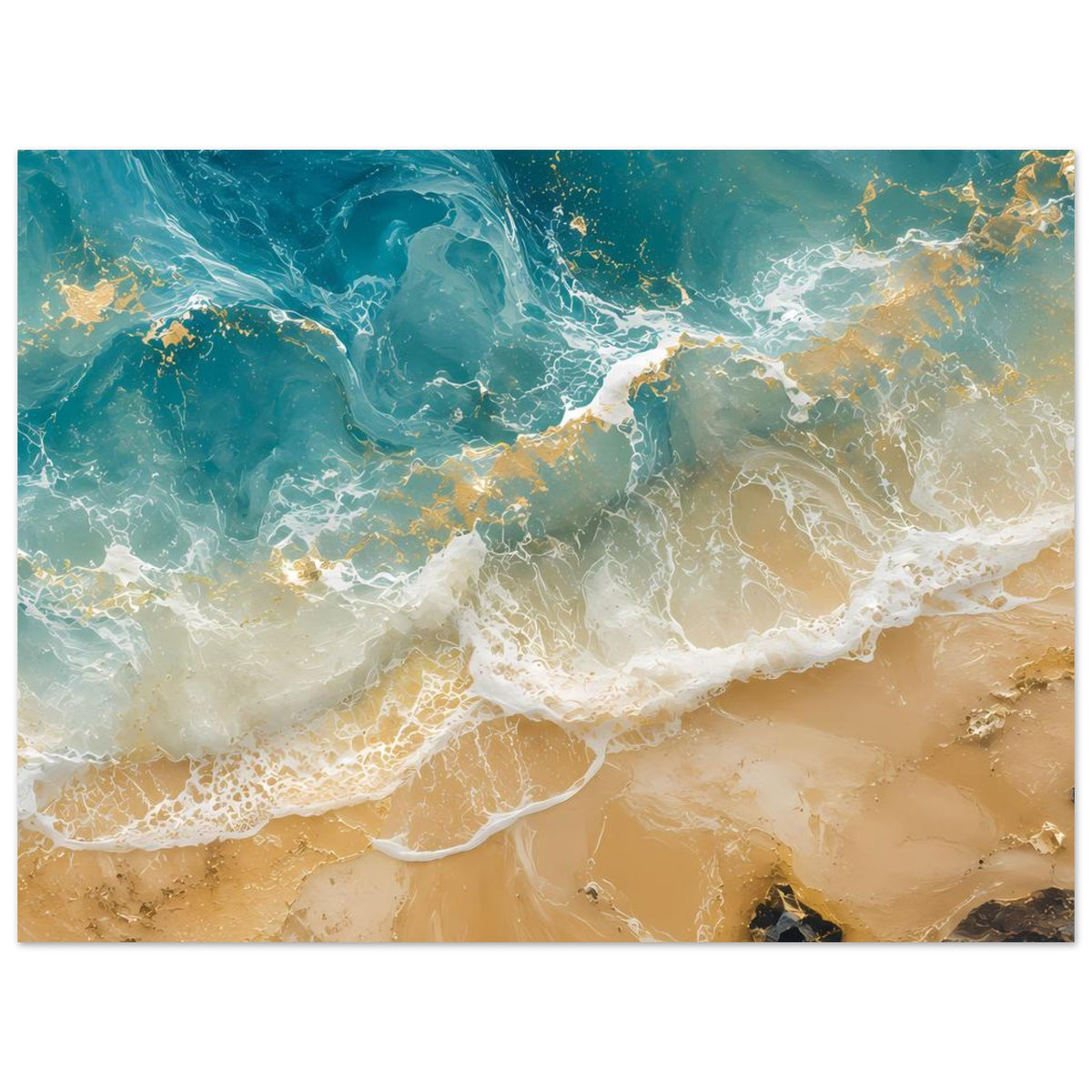 Horizontales Poster mit Ozeanwellen und Sand, türkisblau und goldene Highlights