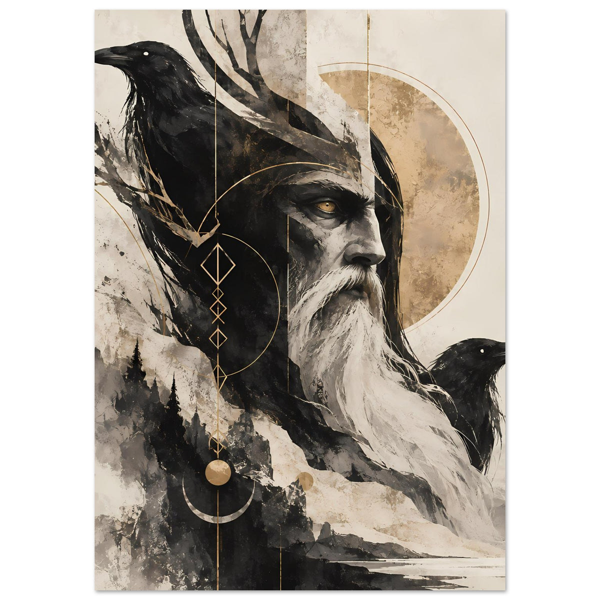 Kunstposter im Hochformat: Nordmann mit Rabe, goldene Linien und Kreismotiv