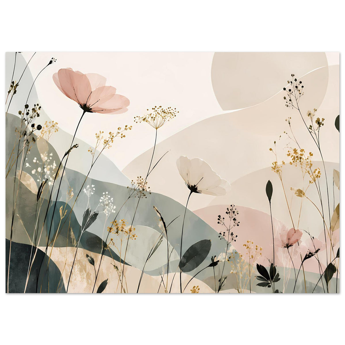 Florales abstraktes Poster im Querformat mit großen Blüten, Gräsern und feinen Blütendolden