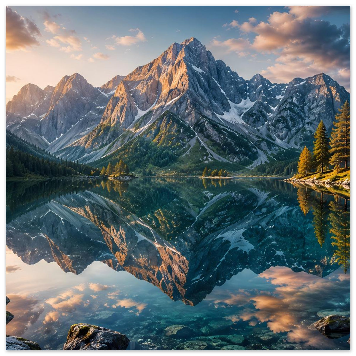 Landschafts-Poster mit Alpenbergen, spiegelndem See und Tannen am Rand, horizontal
