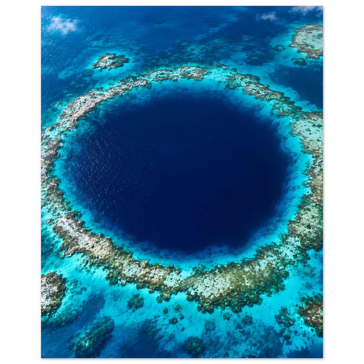Poster mit Unterwasser-Kolorit: runde dunkle Senke, beleuchtet von Korallenriff