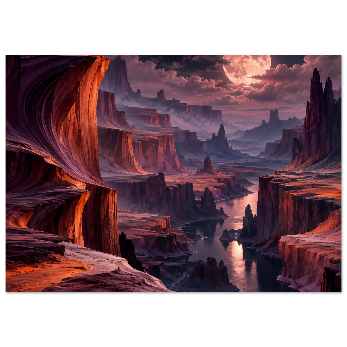 Horizontales Landschaftsposter: Canyonlandschaft mit Fluss und großer Mondscheibe im Himmel