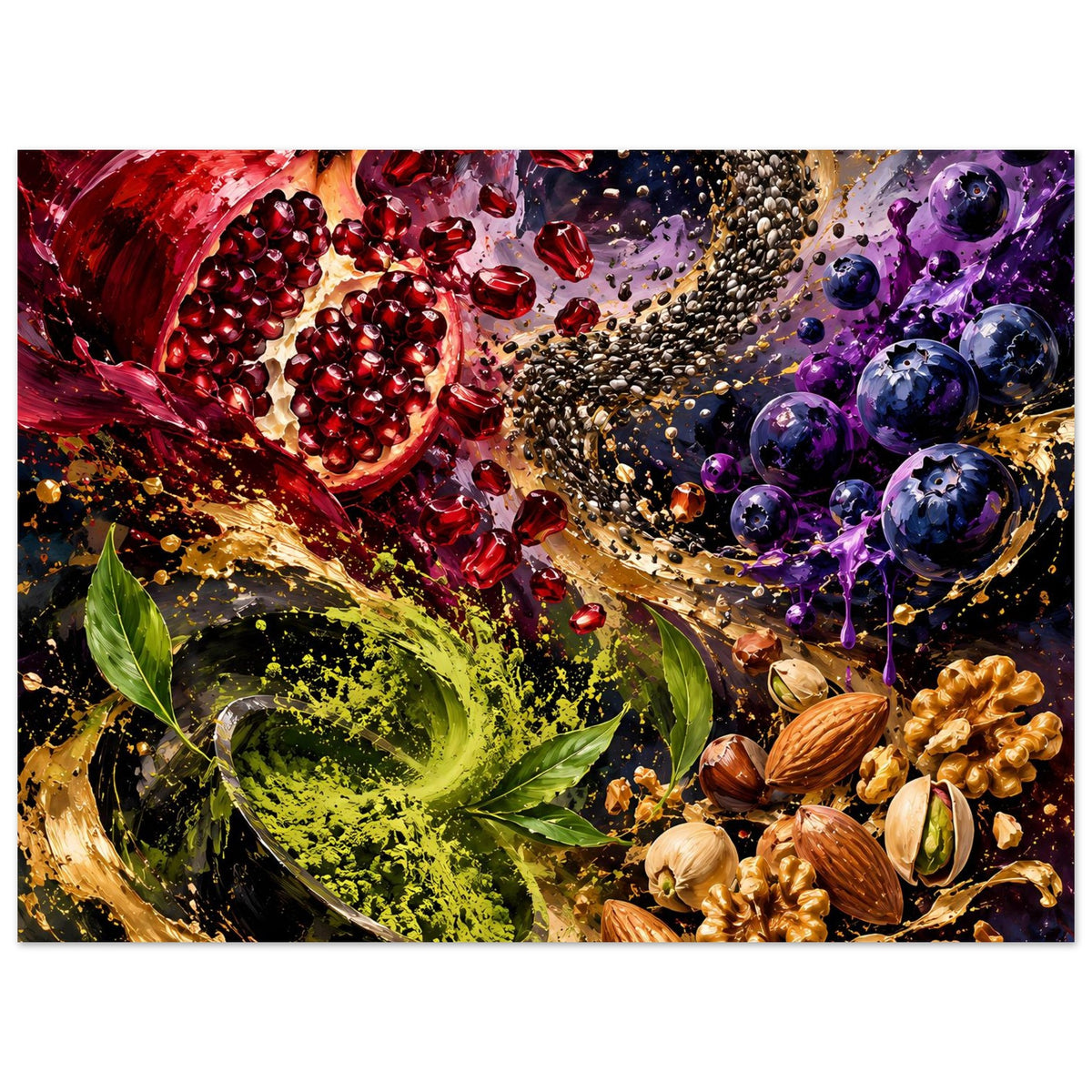 Poster mit Granatapfel-, Beeren- und Nuss-Illustration, lila, rot und grün