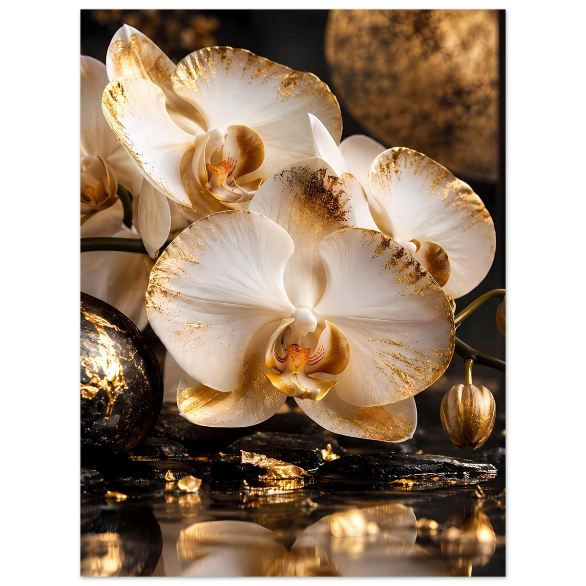 Poster: weiße Orchideen mit goldenen Akzenten, vertikal