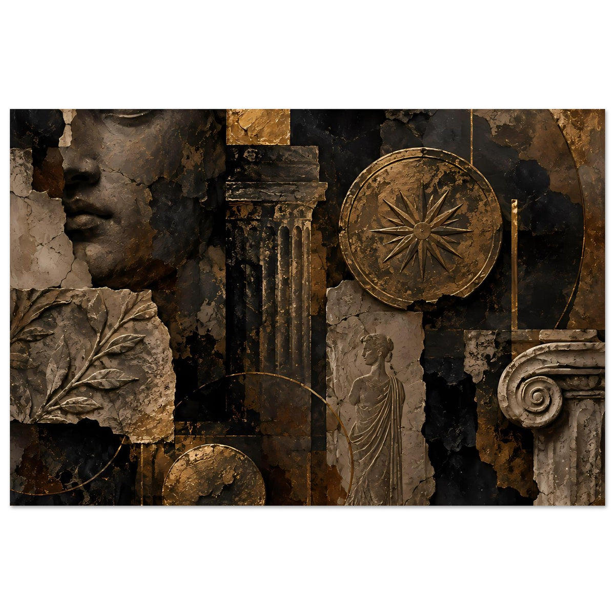 Wandposter mit antikem Relief: Büste, Säule, kreisförmige Scheibe und Statue in Bronze/Schwarz