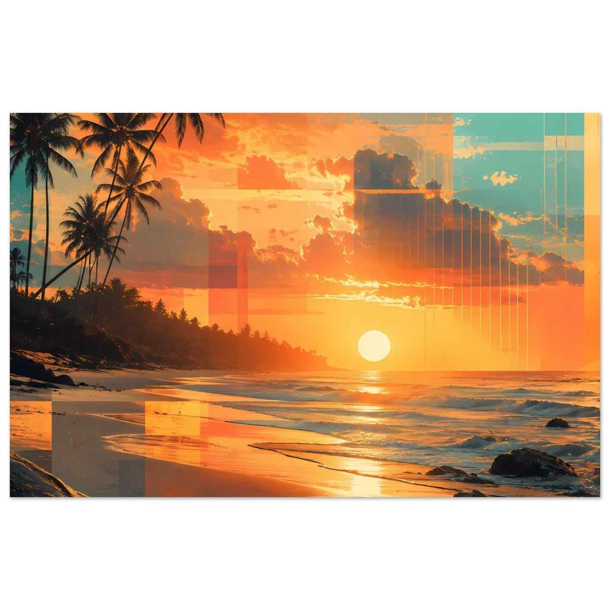 Horizontales Strandmotiv im Sonnenuntergang, Palmen links und orangefarbenes Licht