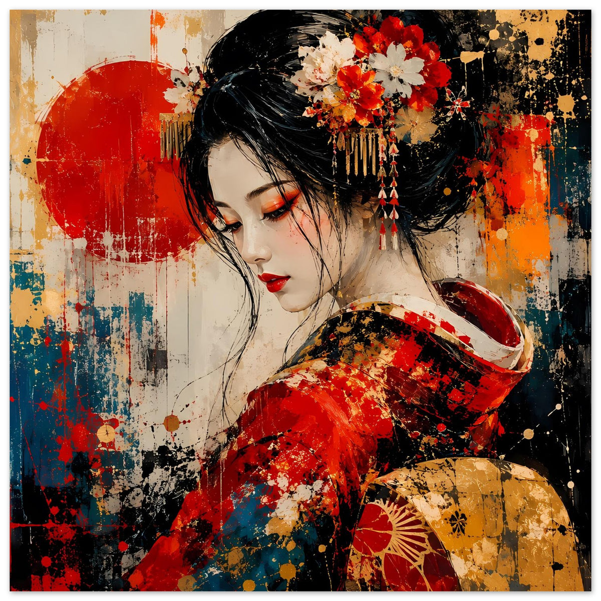 Poster mit Geisha im roten Kimono und goldenen Details, schwarzes Haar mit Blütenkamm.