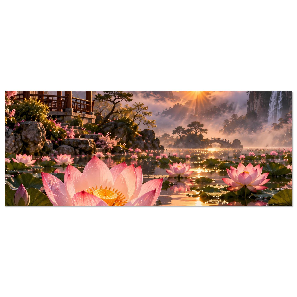 Horizontales Poster: rosa Lotusblüten am See, Pagode links, Sonne im goldenen Himmel