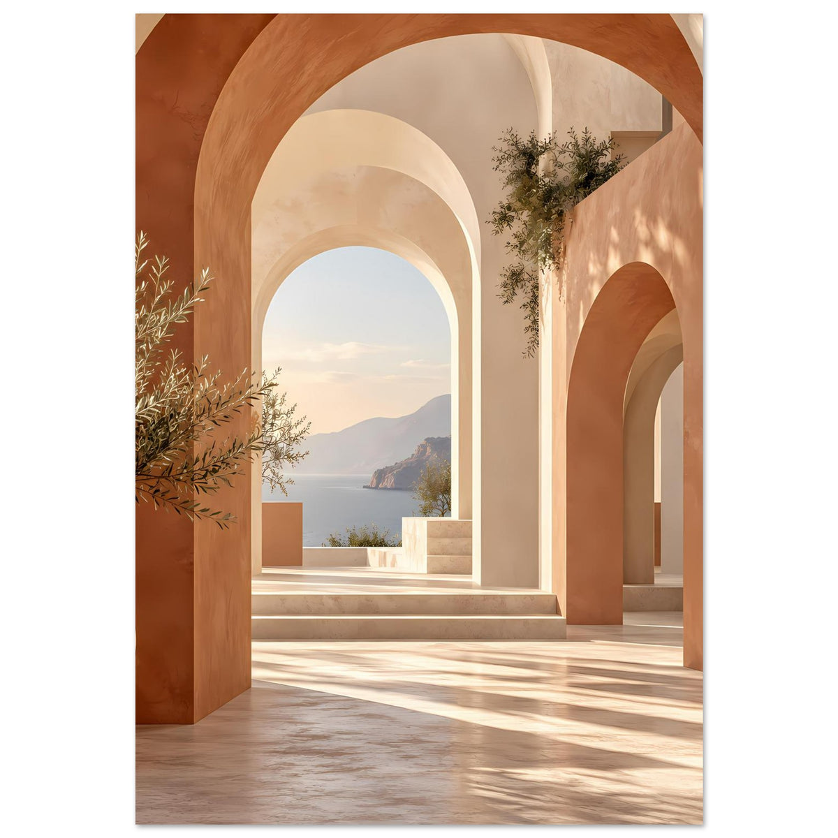 Poster mit mediterranen Torbögen in Terrakotta, Beige und Sand, Durchblick nach draußen.