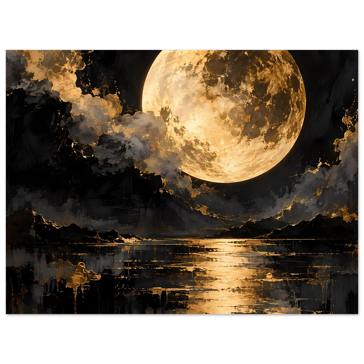 Wandposter mit goldener Vollmondscheibe, Felslandschaft links und spiegelndem Wasser