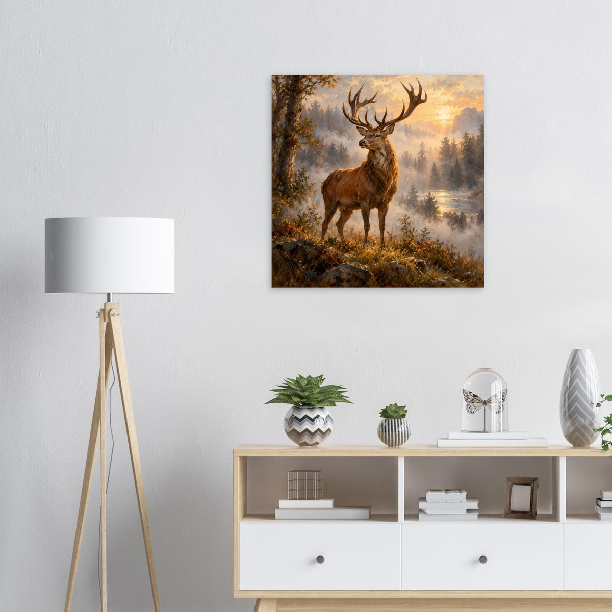 Majestic Stag Poster: Hirsch im Wald bei tief stehender Sonne, zentrierte Darstellung