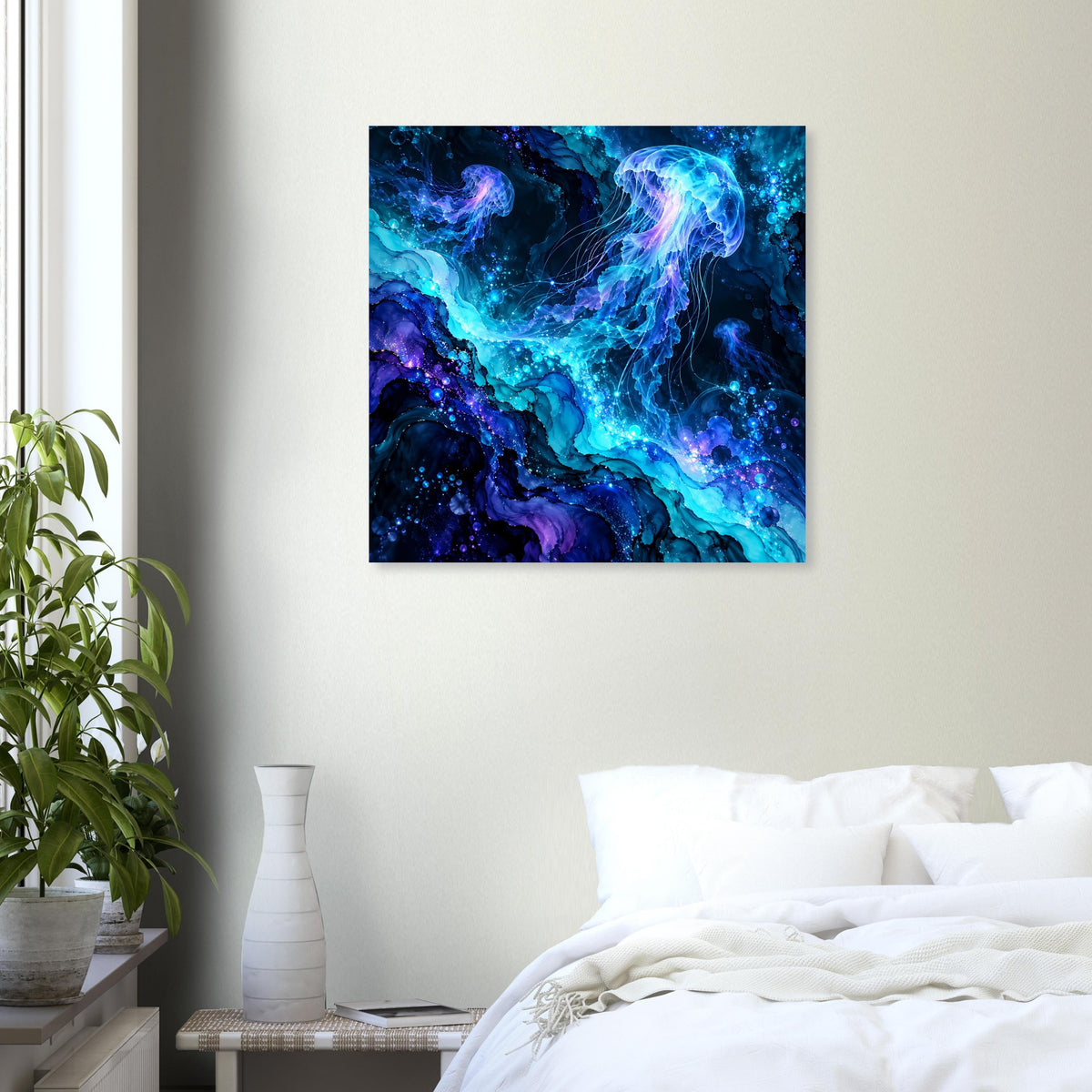 Leuchtendes Quallen-Poster, blaues und violettes Strömungs-Glow-Motiv, quadratisch
