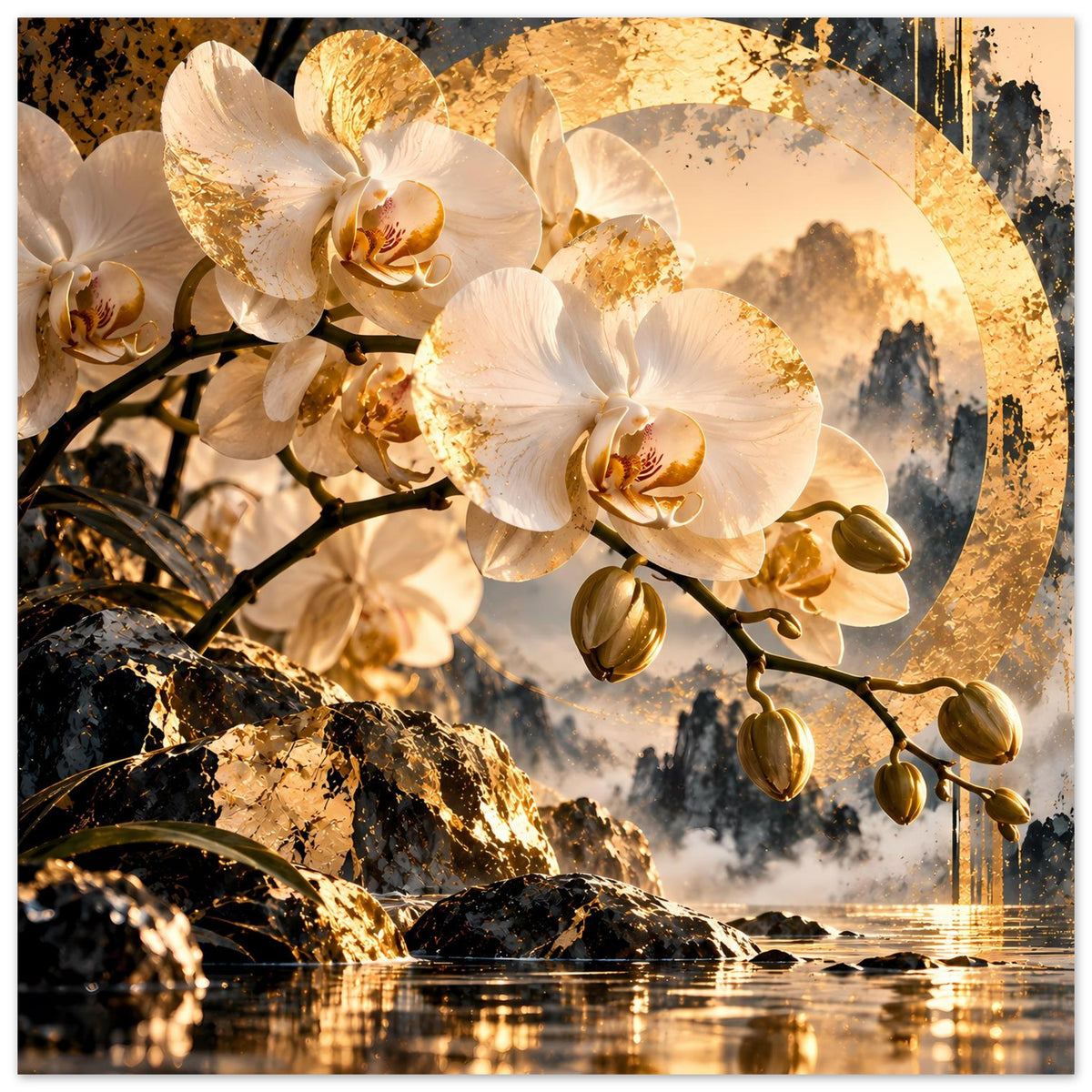 Orchideenposter: weiße Orchideenblüten, goldgesprenkelter Kreis, Felsufer und glitzerndes Wasser