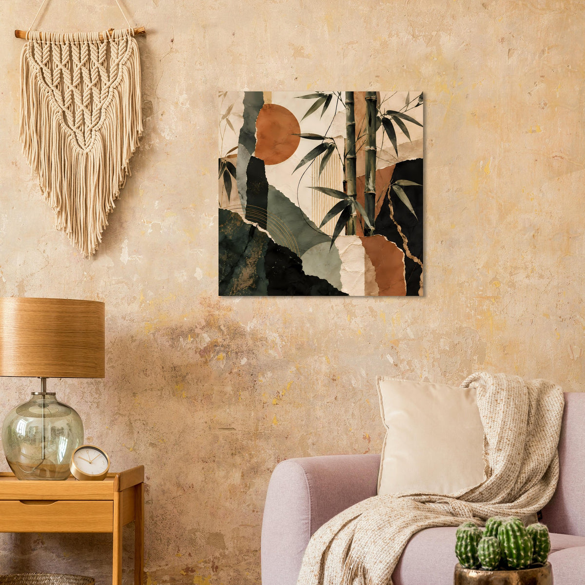 Quadratisches Wandposter mit abstrakten Bambusmotiven in matten Erdtönen, dunkler Rahmen.