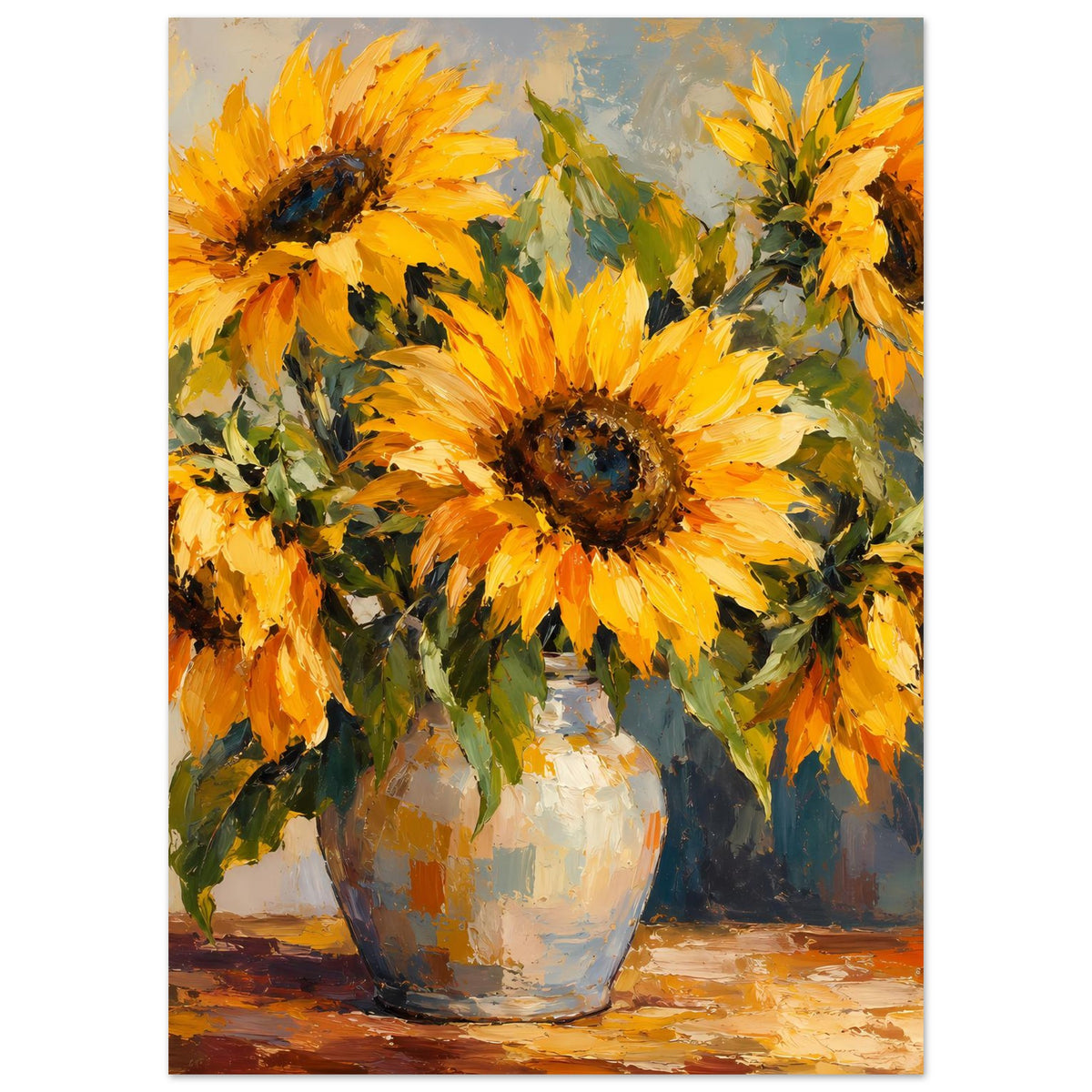 Stillleben-Poster mit gelben Sonnenblumen und grünen Blättern in Vase, farbintensives Motiv