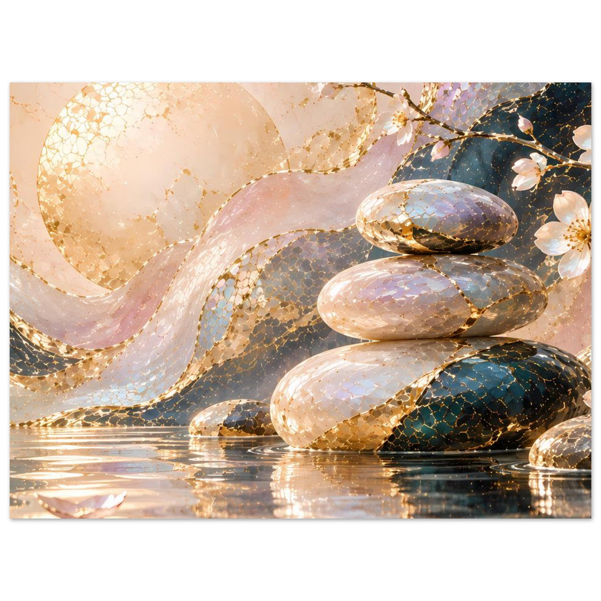 Poster im Querformat: sanfte Wellen, geschichtete Steine in Gold und Blau, reflektierendes Wasser