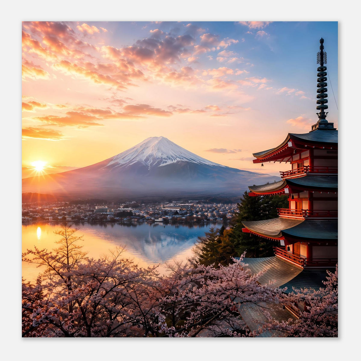 Landschaftsposter mit Fuji, Kirschblüten und Tempel-Pagode rechts, See im Abendlicht