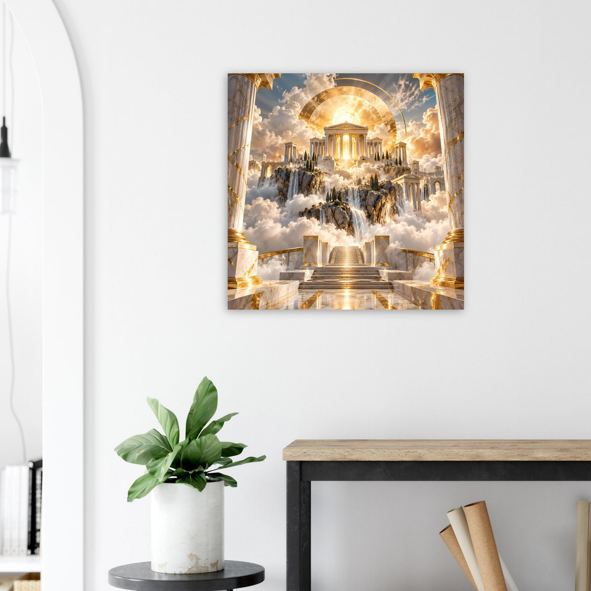 Wandposter mit goldenem Tempel im Lichtkreis, Wasserfontänen und Wolken