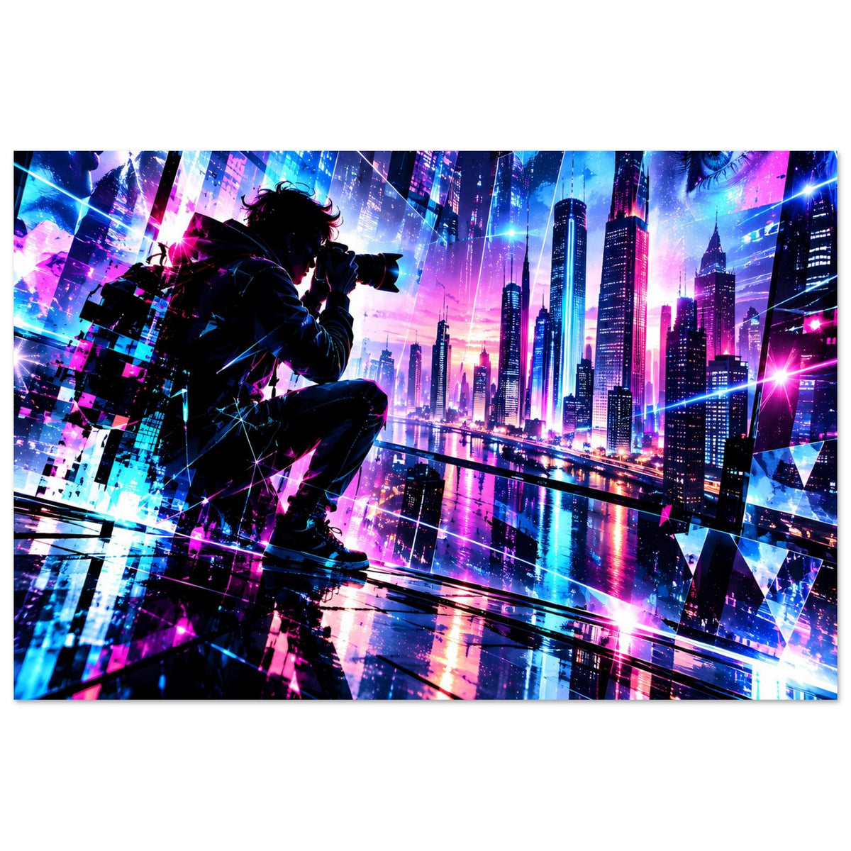 Poster im Querformat mit Neonstadt bei Nacht und Silhouettenfigur am Geländer